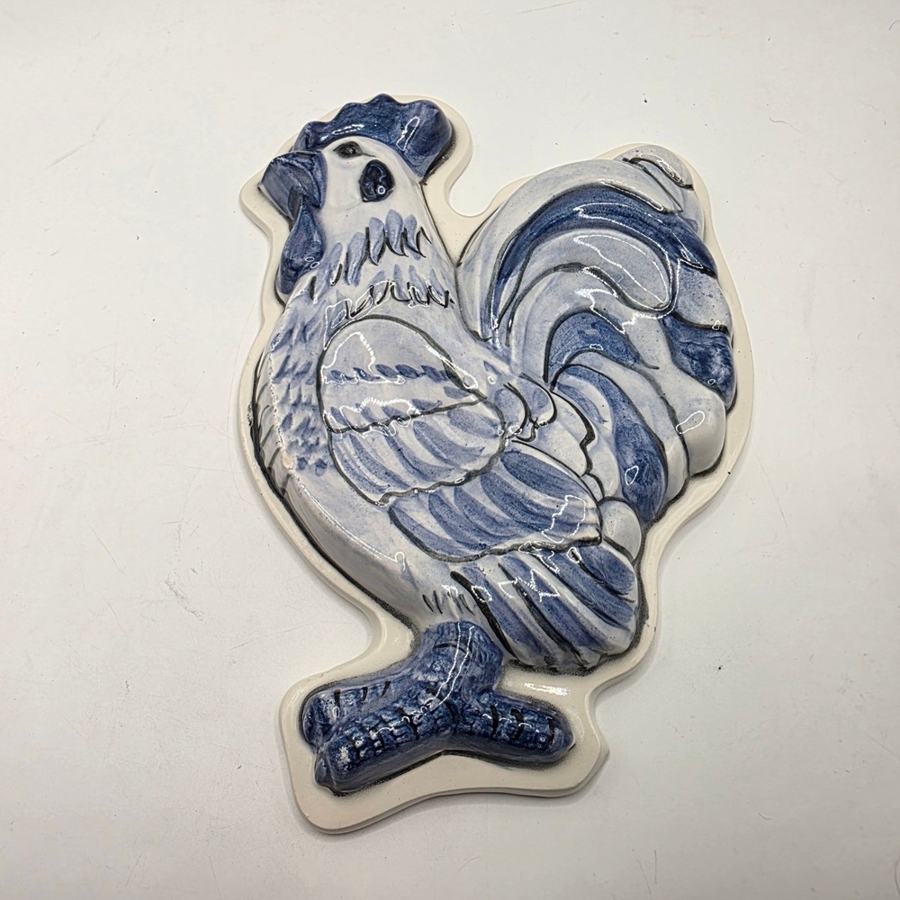 Joni 15 Handcrafted Ceramic Rooster Dual Spoon Rest Blue White Farmhouse Decor